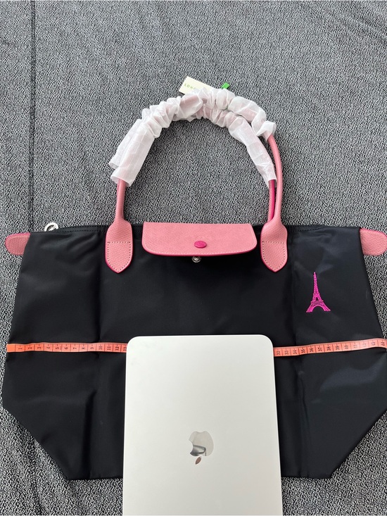 Longchamp Handbags - Longchamp Black Tote with Pink Leather Trim and Pink Eiffel Accent